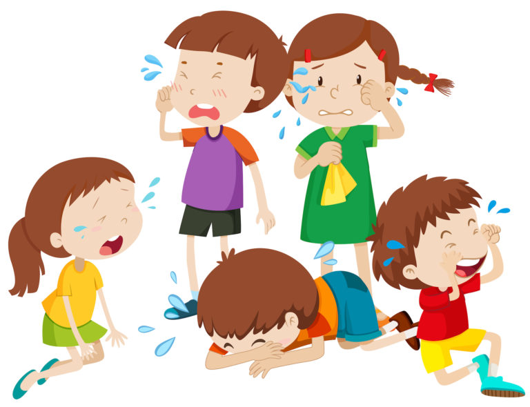 Five kids crying with tears illustration