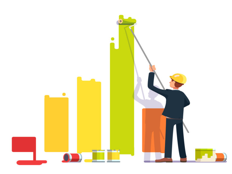 Business man painting bar graph with roller paint. Crisis management metaphor. Flat style modern vector illustration.