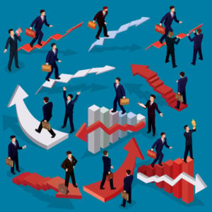 Vector illustration of 3D flat isometric people. Businessman goes up the stairs. Concept of business growth, career ladder, the path to success.