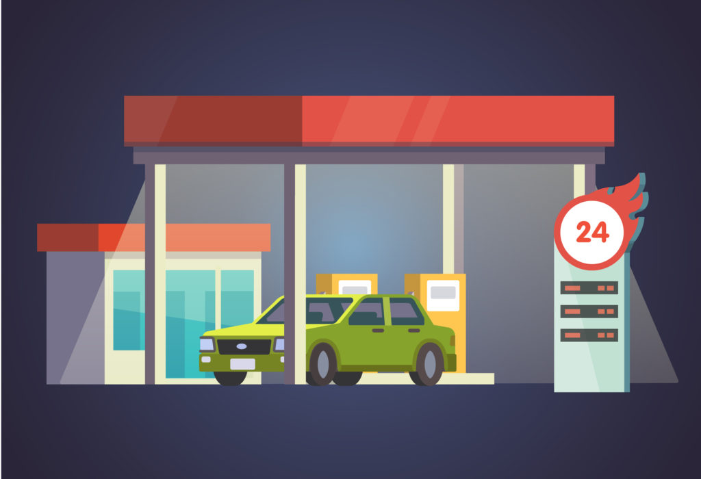 Gas station glowing at night. With store and price board. Flat vector illustration.