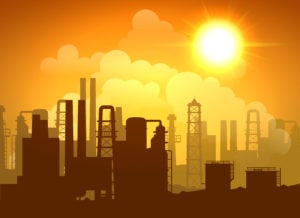 Oil refinery poster with towers pipes and tanks at sunrise or sunset vector illustration