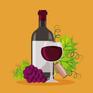 wine bottle cup corkscrew bunch fresh grapes vector illustration