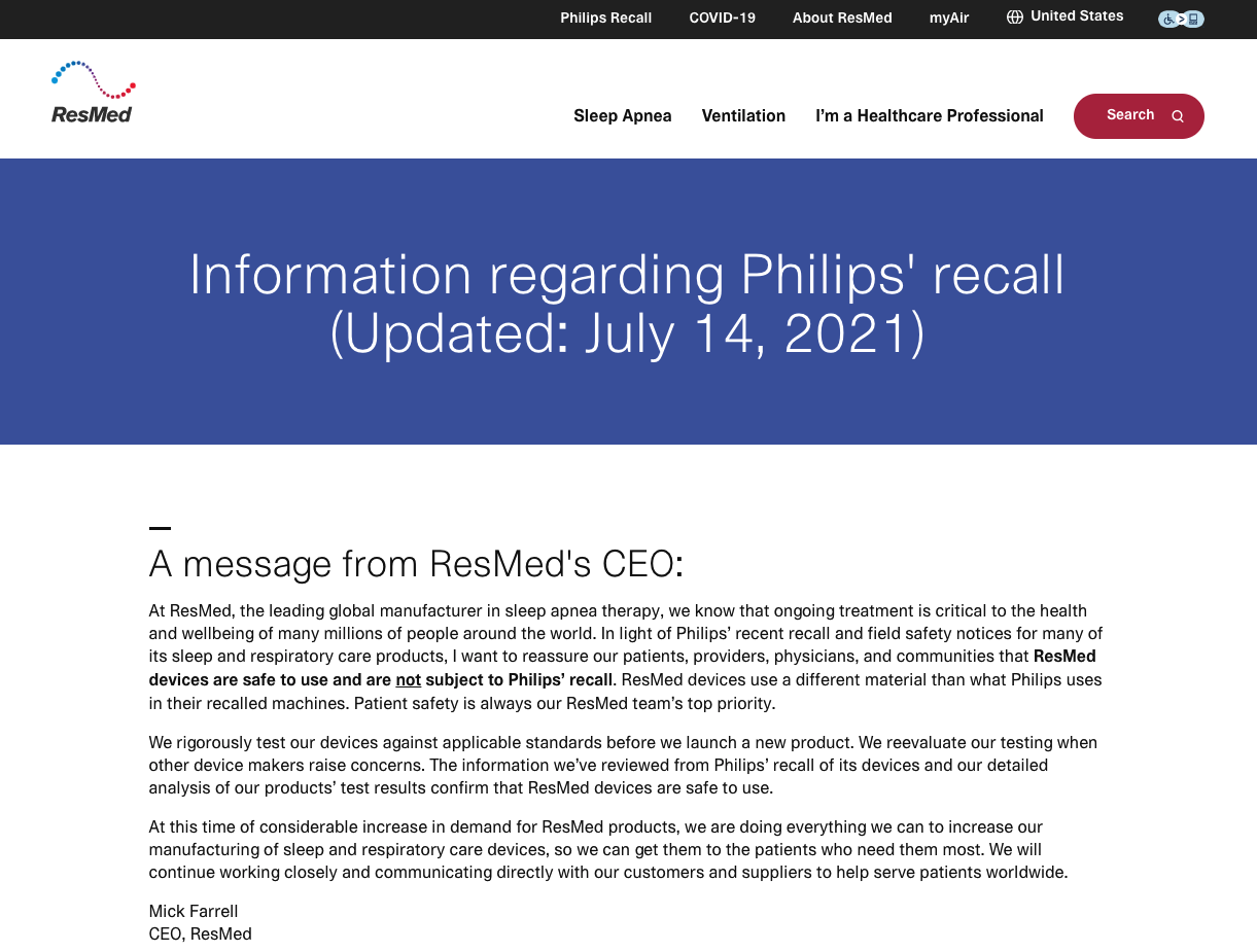 ResMed capitalises on competitor recall.
