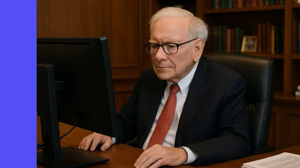 A CGI image of Warren Buffett at his desk reading on a computer