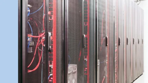 Close up image of data centre internal banks of gpus and networking cables