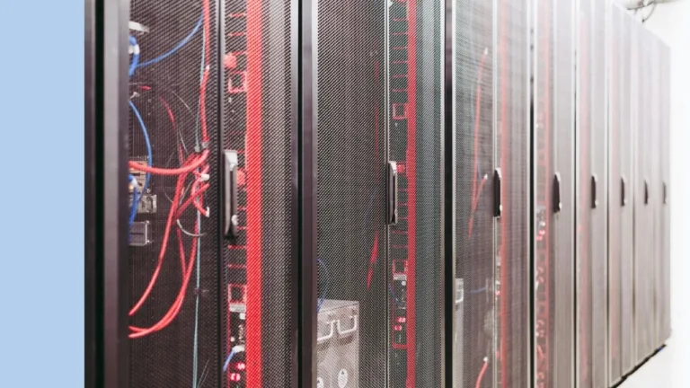 Close up image of data centre internal banks of gpus and networking cables