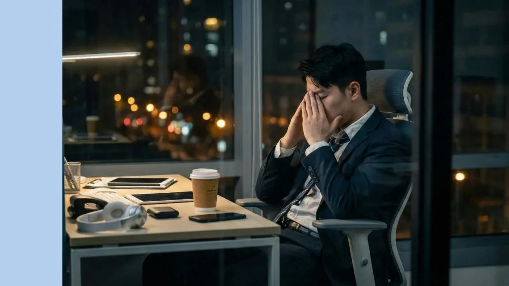 man in office sits at desk with face in hands worried