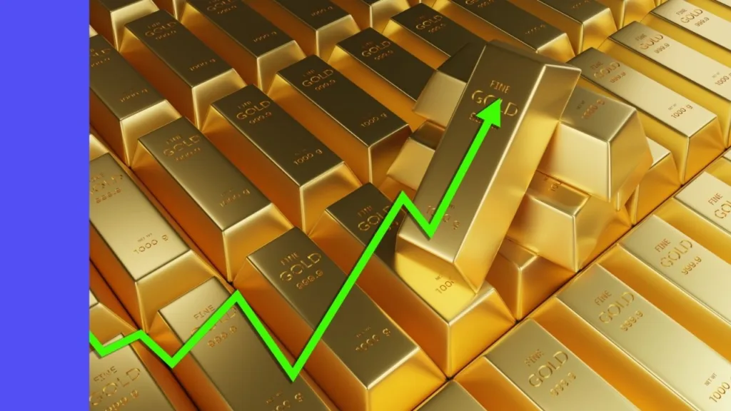 Stack of gold bars and an upward green chart indicating price rise
