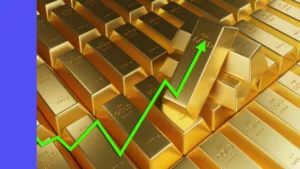 Stack of gold bars and an upward green chart indicating price rise